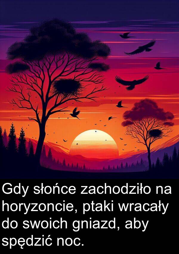 zachodziło: Gdy słońce zachodziło na horyzoncie, ptaki wracały do swoich gniazd, aby spędzić noc.