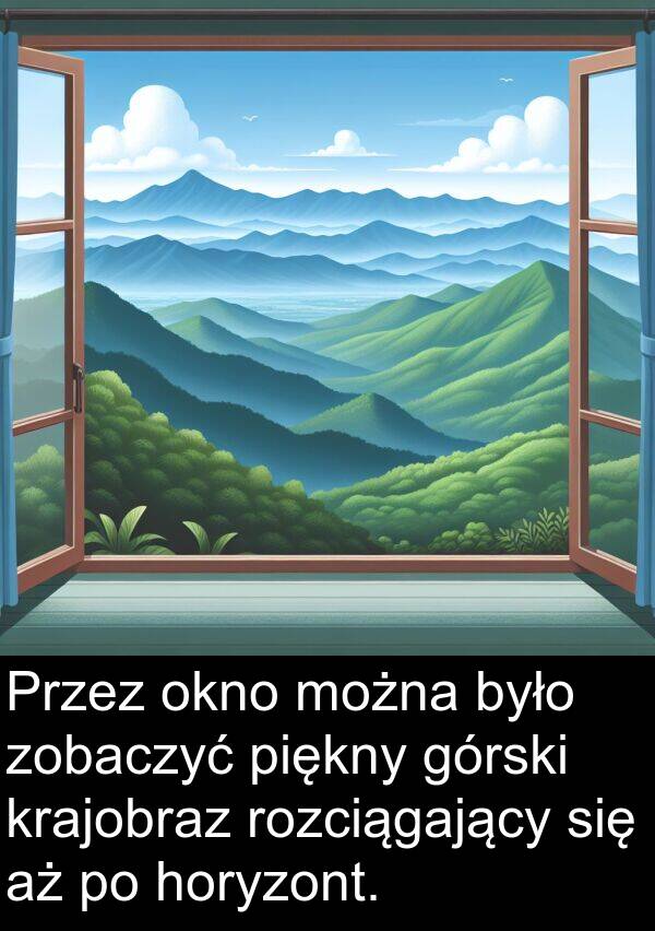 górski: Przez okno można było zobaczyć piękny górski krajobraz rozciągający się aż po horyzont.