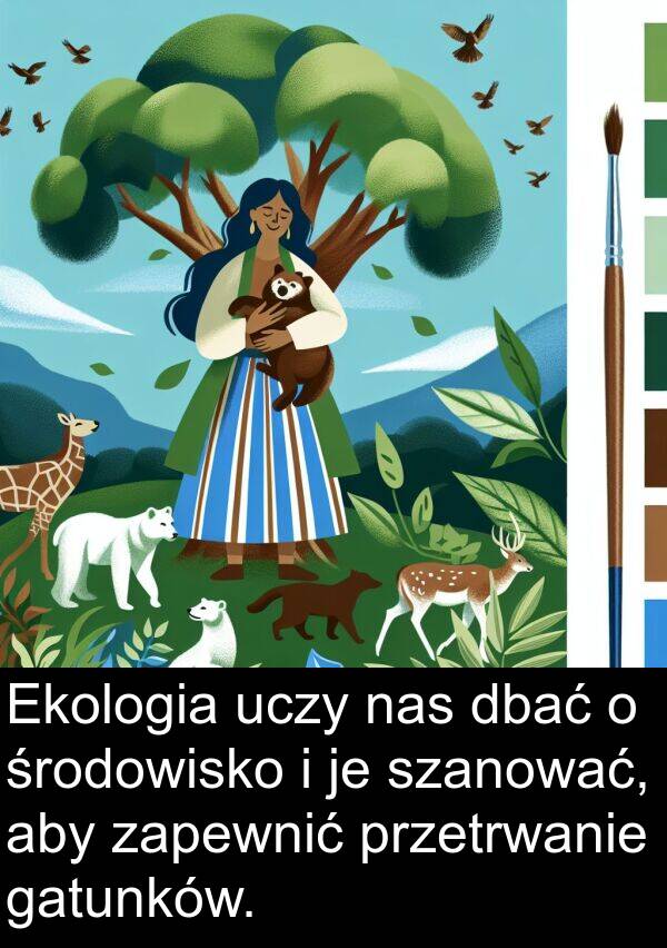 uczy: Ekologia uczy nas dbać o środowisko i je szanować, aby zapewnić przetrwanie gatunków.