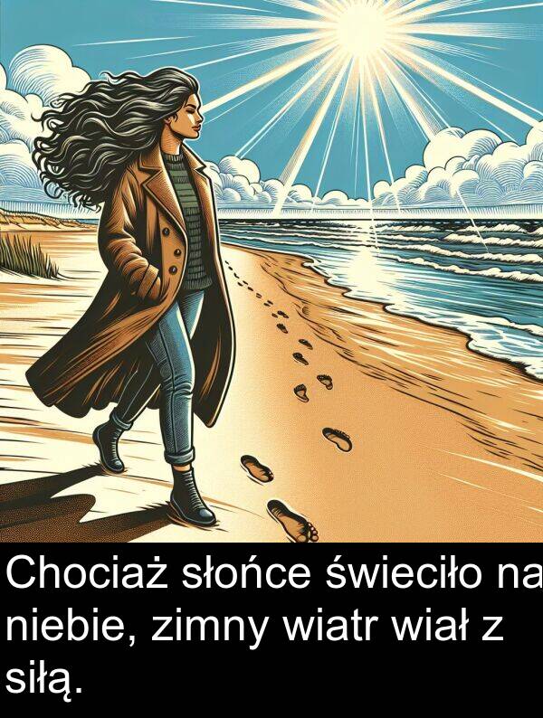 wiał: Chociaż słońce świeciło na niebie, zimny wiatr wiał z siłą.