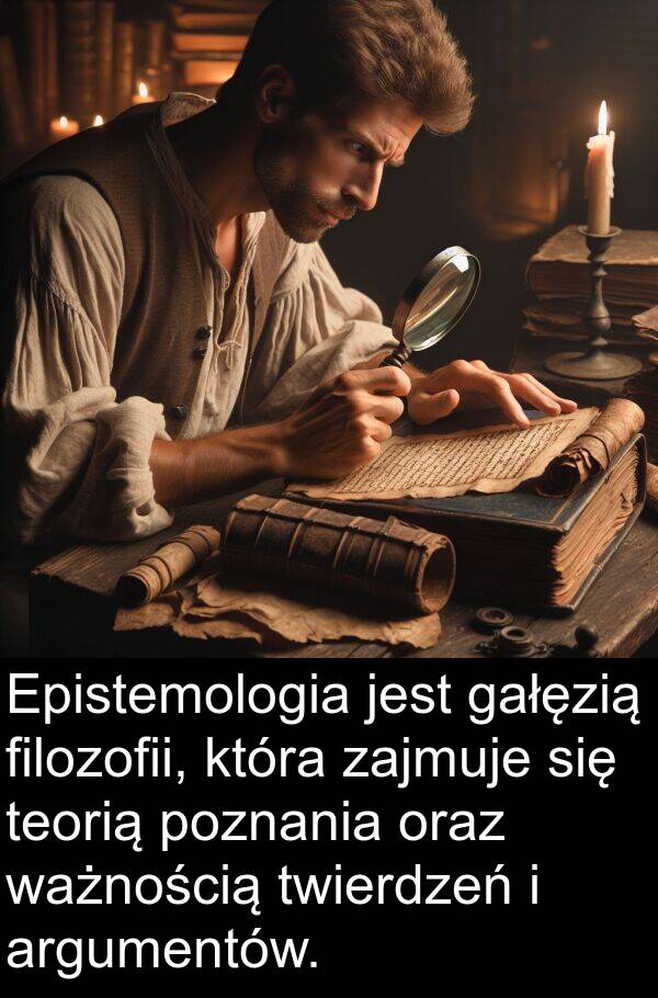 filozofii: Epistemologia jest gałęzią filozofii, która zajmuje się teorią poznania oraz ważnością twierdzeń i argumentów.