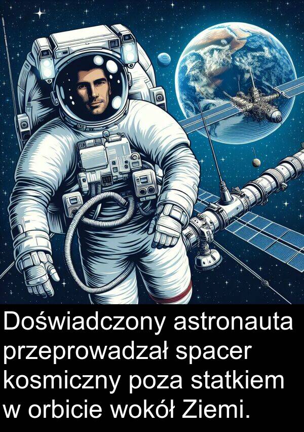 spacer: Doświadczony astronauta przeprowadzał spacer kosmiczny poza statkiem w orbicie wokół Ziemi.