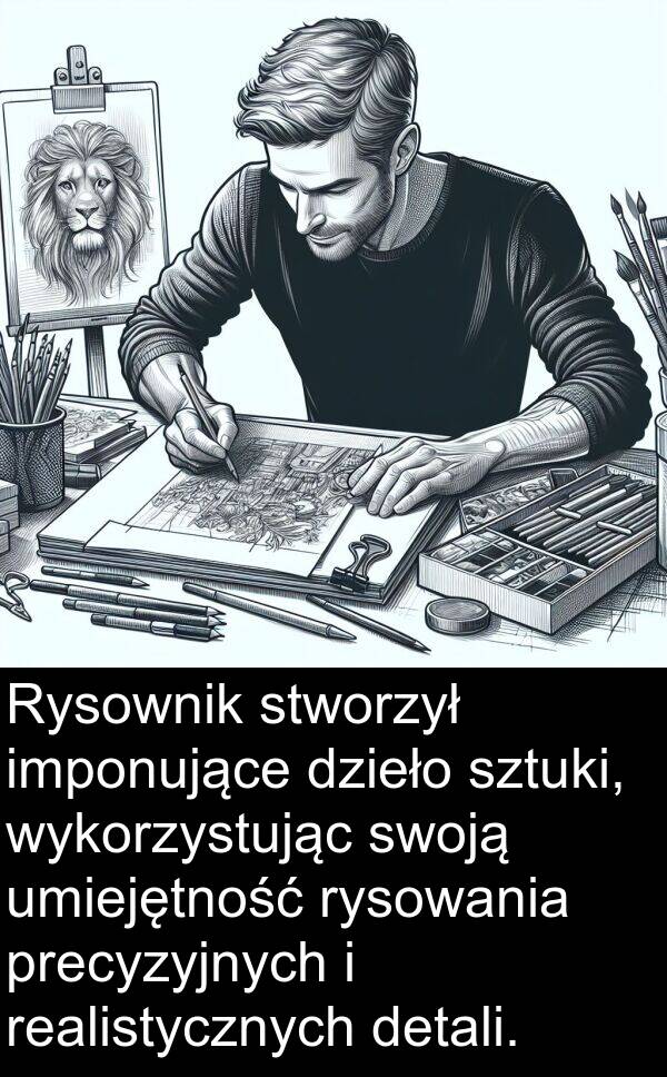 umiejętność: Rysownik stworzył imponujące dzieło sztuki, wykorzystując swoją umiejętność rysowania precyzyjnych i realistycznych detali.