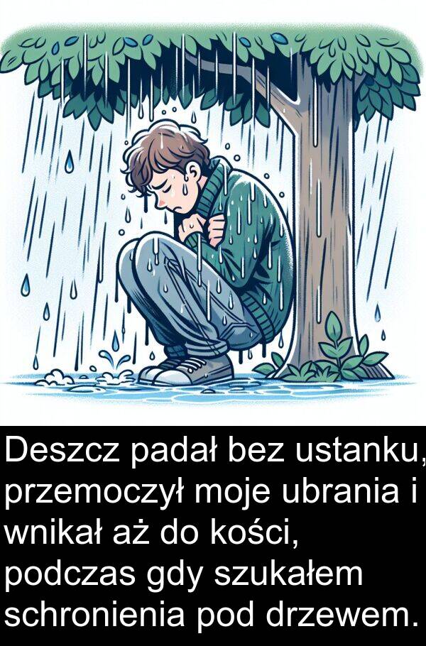 ubrania: Deszcz padał bez ustanku, przemoczył moje ubrania i wnikał aż do kości, podczas gdy szukałem schronienia pod drzewem.