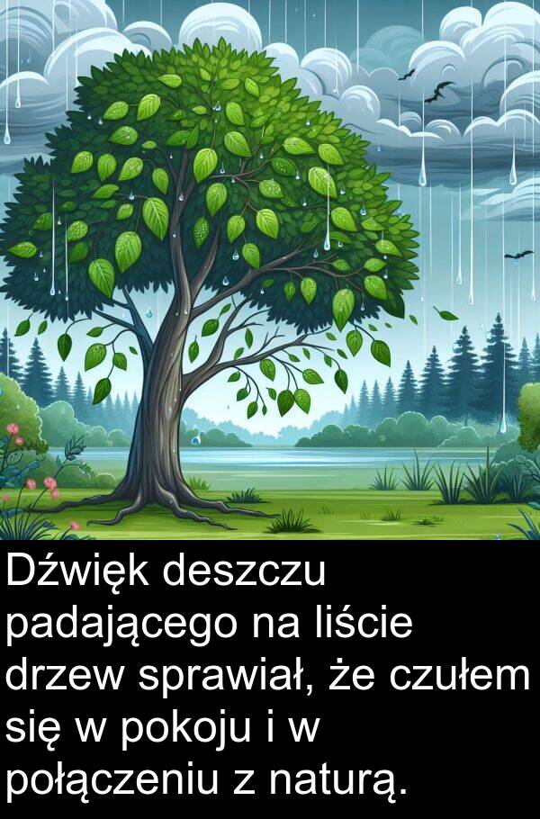 liście: Dźwięk deszczu padającego na liście drzew sprawiał, że czułem się w pokoju i w połączeniu z naturą.