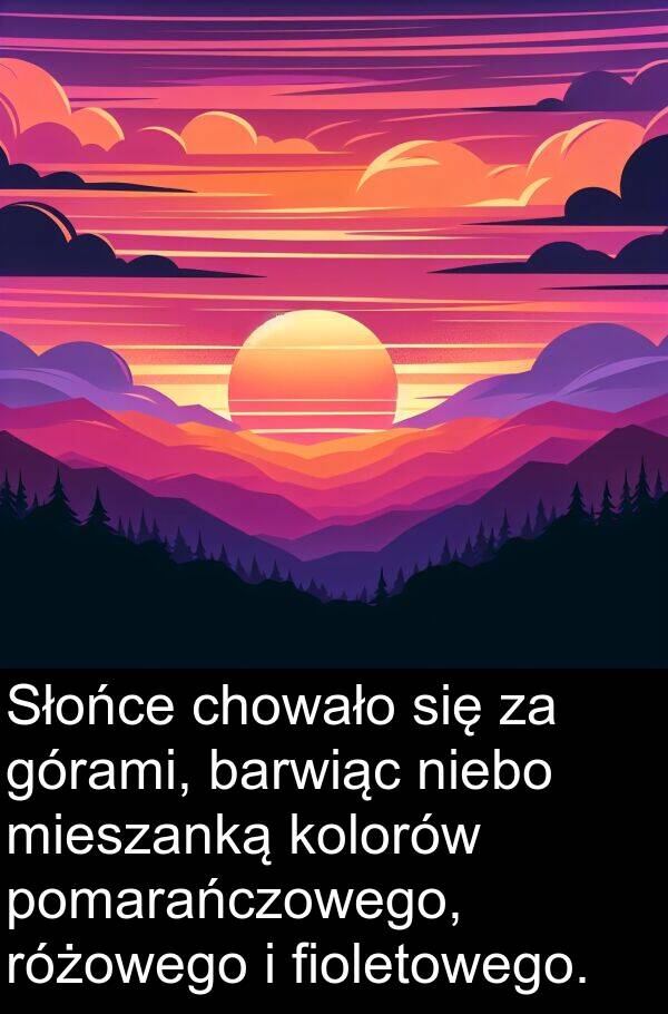 górami: Słońce chowało się za górami, barwiąc niebo mieszanką kolorów pomarańczowego, różowego i fioletowego.