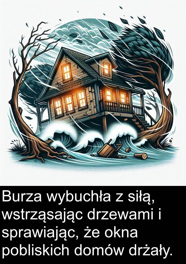 domów: Burza wybuchła z siłą, wstrząsając drzewami i sprawiając, że okna pobliskich domów drżały.