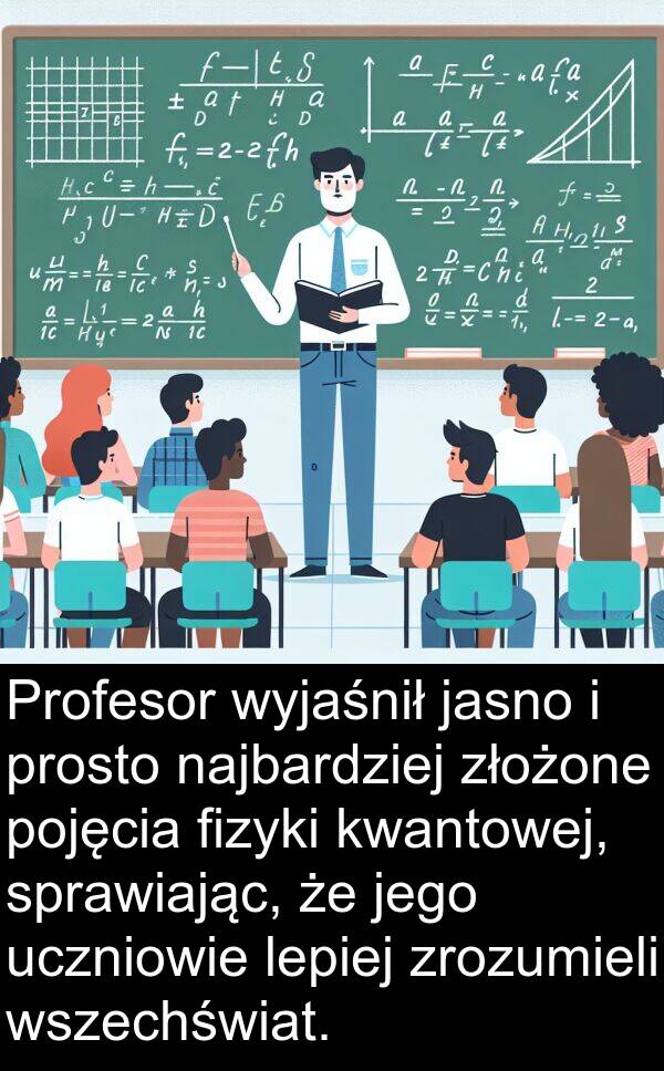 lepiej: Profesor wyjaśnił jasno i prosto najbardziej złożone pojęcia fizyki kwantowej, sprawiając, że jego uczniowie lepiej zrozumieli wszechświat.