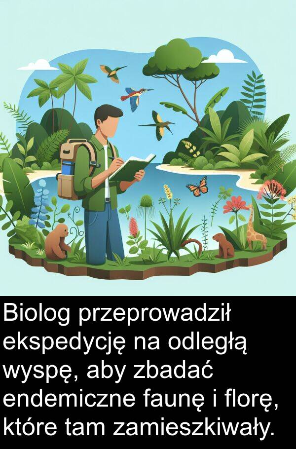 ekspedycję: Biolog przeprowadził ekspedycję na odległą wyspę, aby zbadać endemiczne faunę i florę, które tam zamieszkiwały.