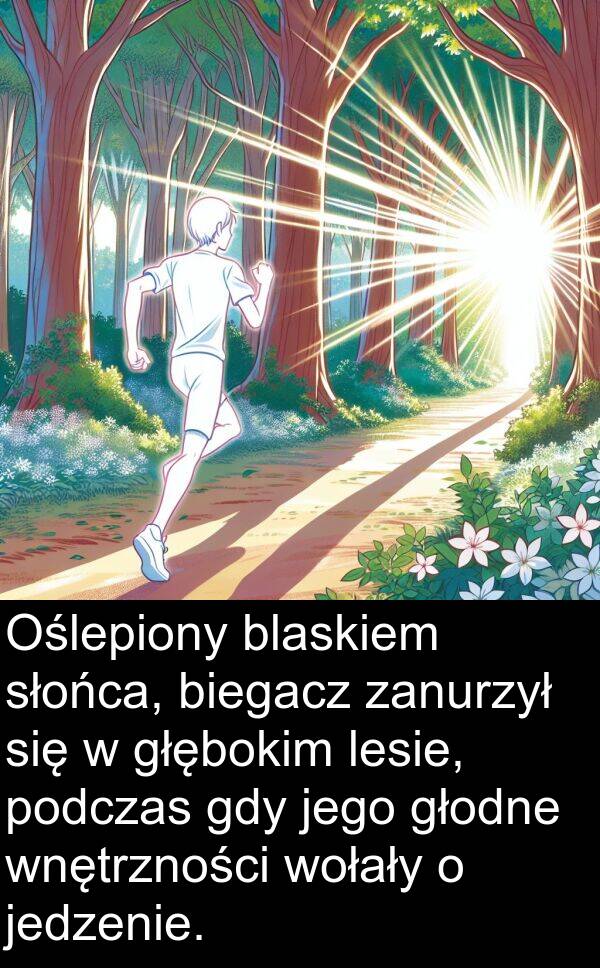 biegacz: Oślepiony blaskiem słońca, biegacz zanurzył się w głębokim lesie, podczas gdy jego głodne wnętrzności wołały o jedzenie.