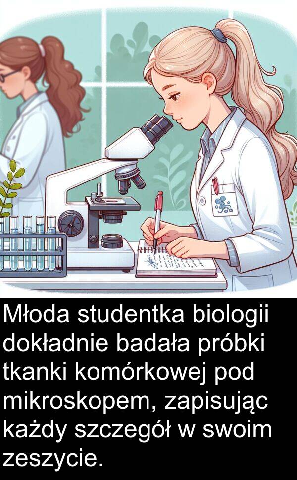 każdy: Młoda studentka biologii dokładnie badała próbki tkanki komórkowej pod mikroskopem, zapisując każdy szczegół w swoim zeszycie.