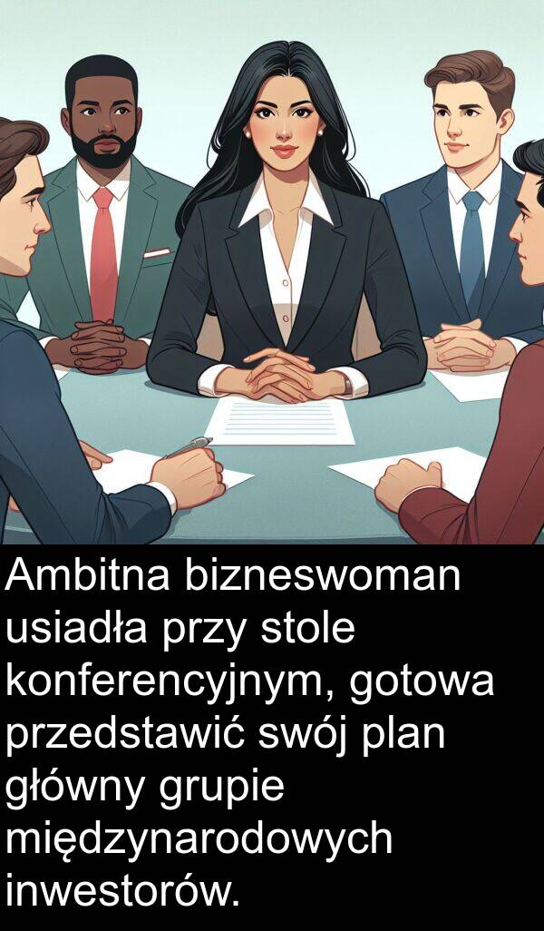 główny: Ambitna bizneswoman usiadła przy stole konferencyjnym, gotowa przedstawić swój plan główny grupie międzynarodowych inwestorów.