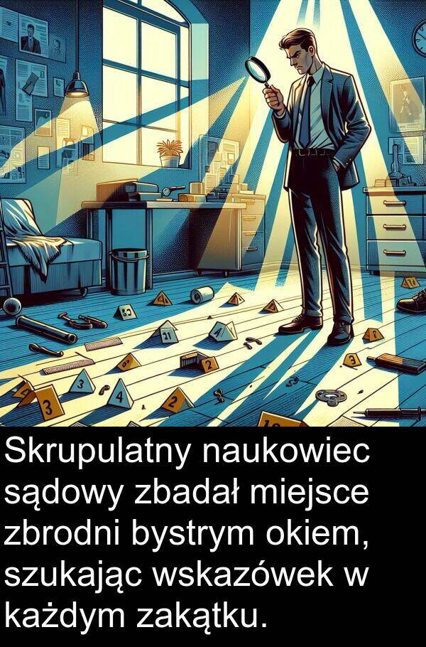 każdym: Skrupulatny naukowiec sądowy zbadał miejsce zbrodni bystrym okiem, szukając wskazówek w każdym zakątku.