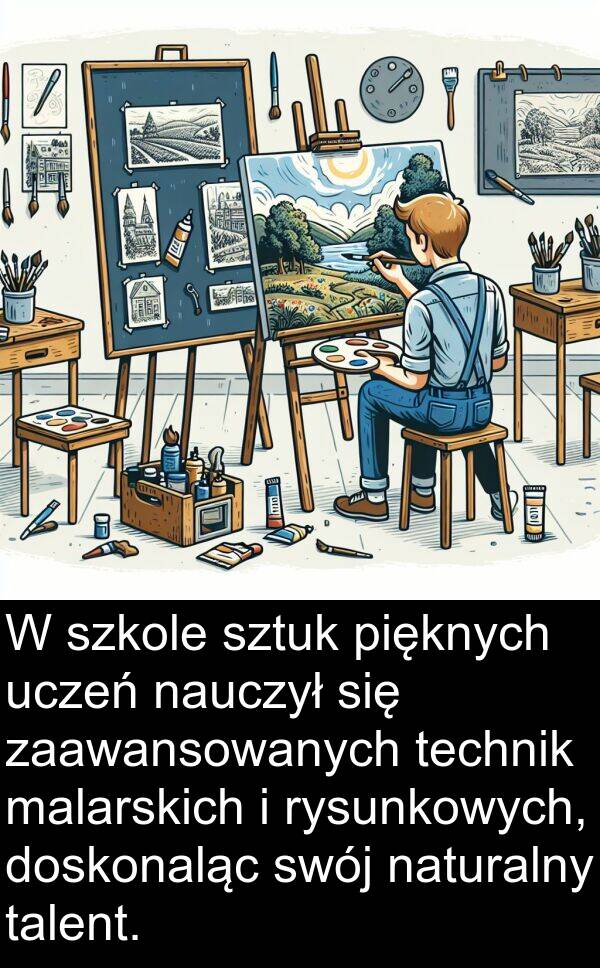 uczeń: W szkole sztuk pięknych uczeń nauczył się zaawansowanych technik malarskich i rysunkowych, doskonaląc swój naturalny talent.