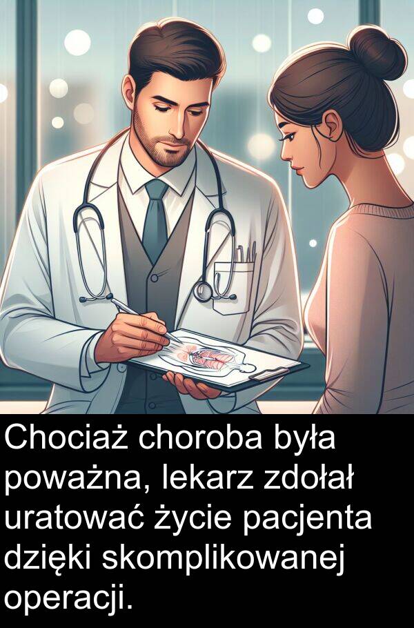 lekarz: Chociaż choroba była poważna, lekarz zdołał uratować życie pacjenta dzięki skomplikowanej operacji.