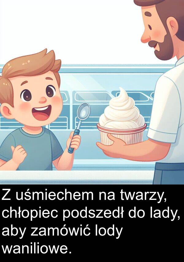 chłopiec: Z uśmiechem na twarzy, chłopiec podszedł do lady, aby zamówić lody waniliowe.