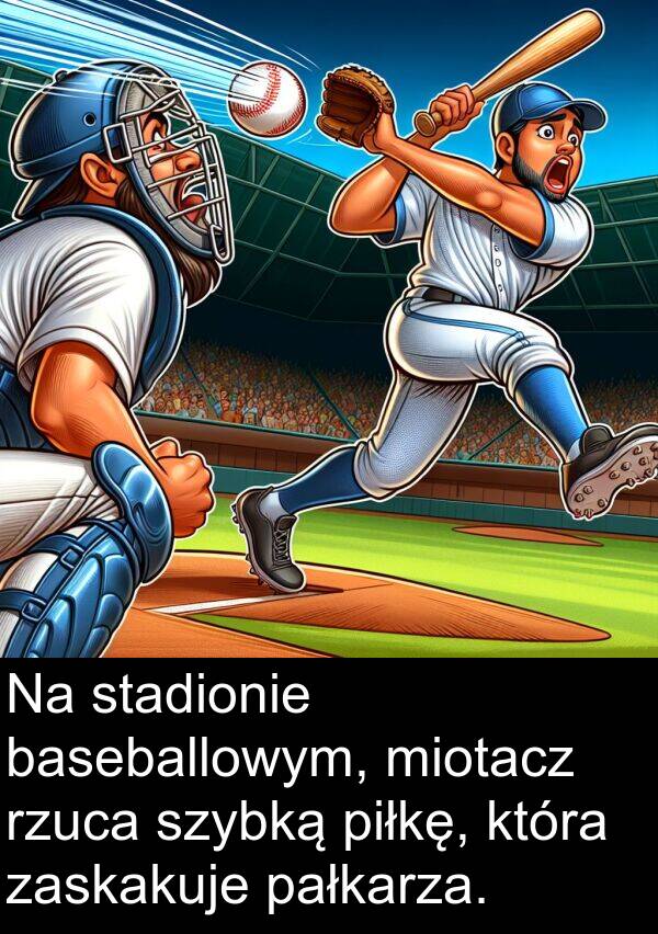 baseballowym: Na stadionie baseballowym, miotacz rzuca szybką piłkę, która zaskakuje pałkarza.