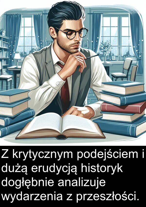 analizuje: Z krytycznym podejściem i dużą erudycją historyk dogłębnie analizuje wydarzenia z przeszłości.