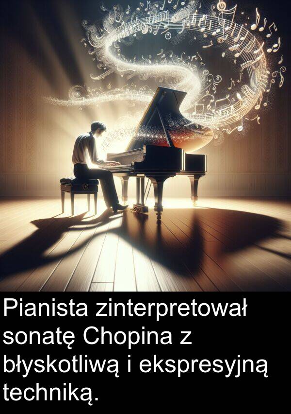 błyskotliwą: Pianista zinterpretował sonatę Chopina z błyskotliwą i ekspresyjną techniką.