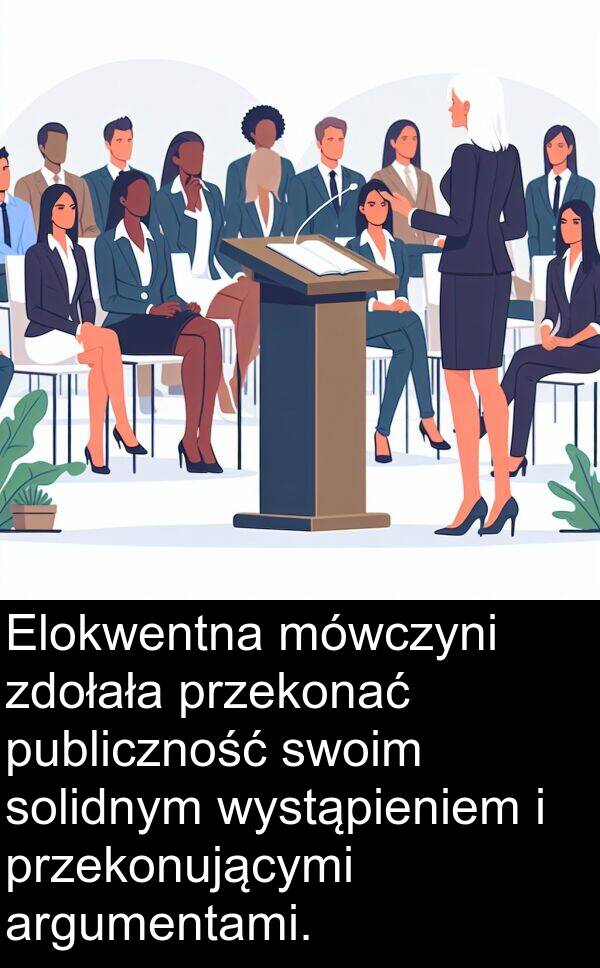 argumentami: Elokwentna mówczyni zdołała przekonać publiczność swoim solidnym wystąpieniem i przekonującymi argumentami.