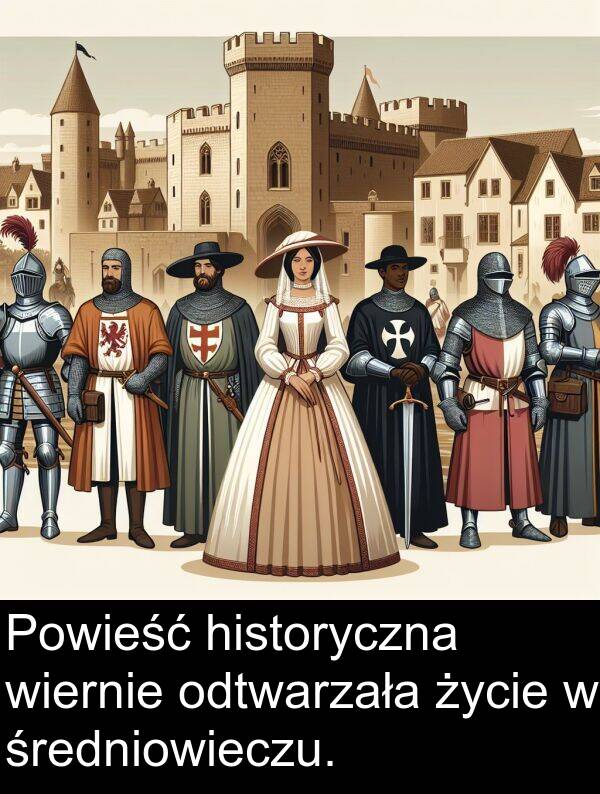 historyczna: Powieść historyczna wiernie odtwarzała życie w średniowieczu.