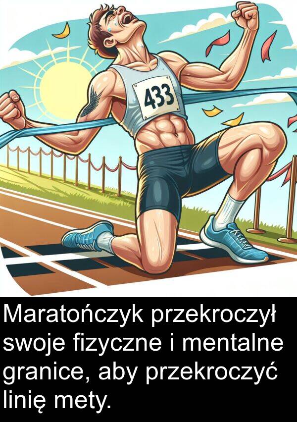 linię: Maratończyk przekroczył swoje fizyczne i mentalne granice, aby przekroczyć linię mety.