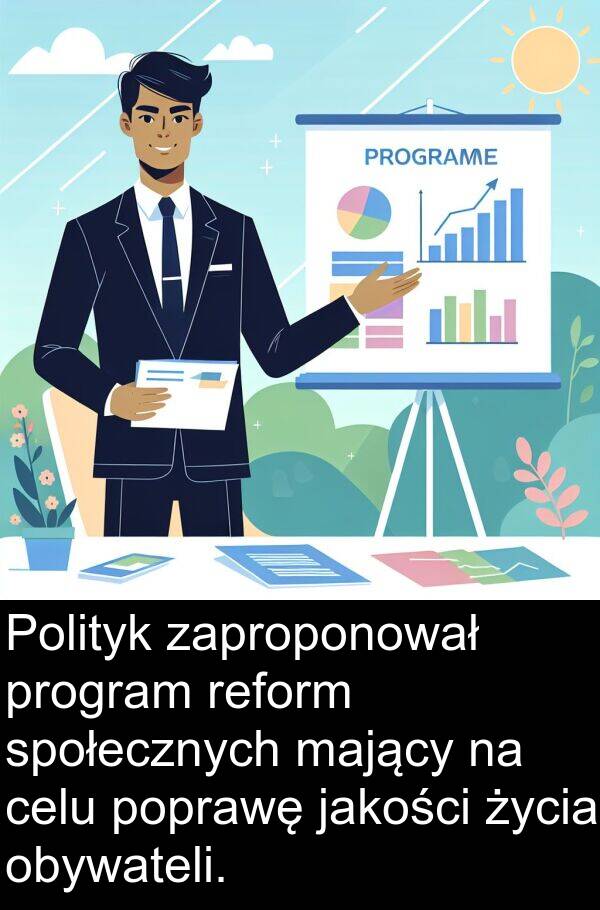 jakości: Polityk zaproponował program reform społecznych mający na celu poprawę jakości życia obywateli.