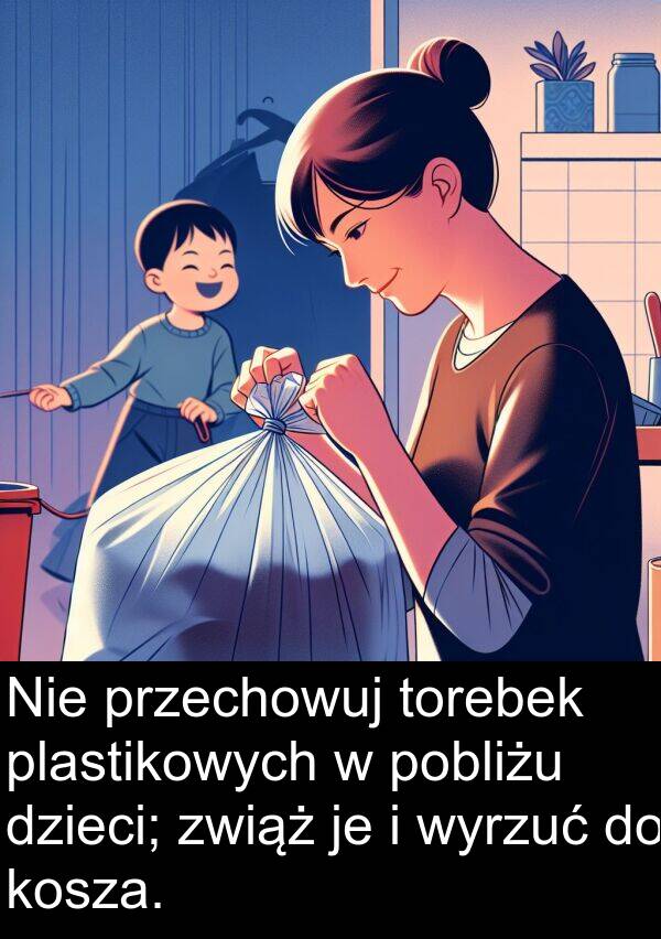 dzieci: Nie przechowuj torebek plastikowych w pobliżu dzieci; zwiąż je i wyrzuć do kosza.