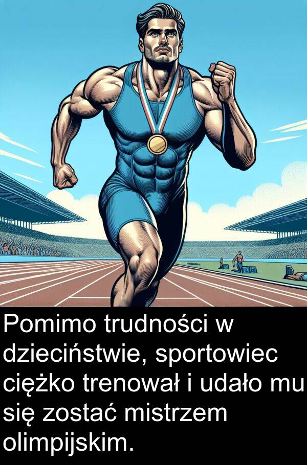 udało: Pomimo trudności w dzieciństwie, sportowiec ciężko trenował i udało mu się zostać mistrzem olimpijskim.