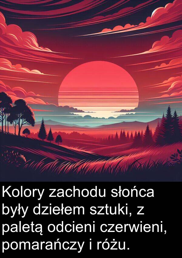 zachodu: Kolory zachodu słońca były dziełem sztuki, z paletą odcieni czerwieni, pomarańczy i różu.