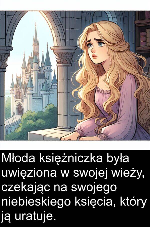 czekając: Młoda księżniczka była uwięziona w swojej wieży, czekając na swojego niebieskiego księcia, który ją uratuje.