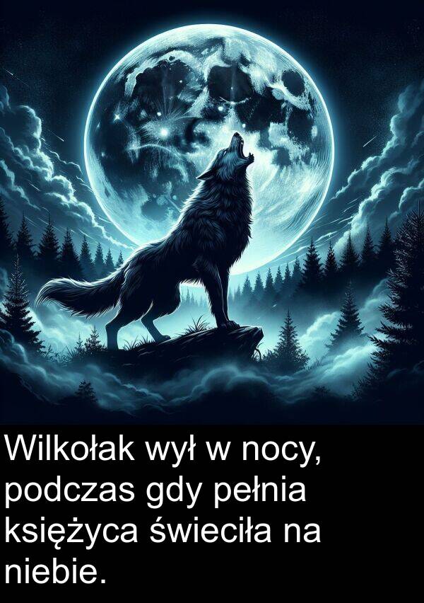 nocy: Wilkołak wył w nocy, podczas gdy pełnia księżyca świeciła na niebie.