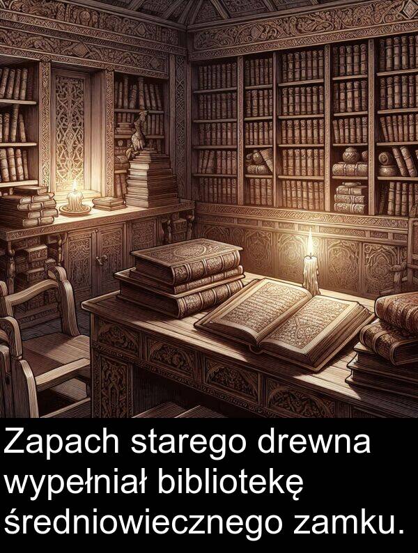 bibliotekę: Zapach starego drewna wypełniał bibliotekę średniowiecznego zamku.