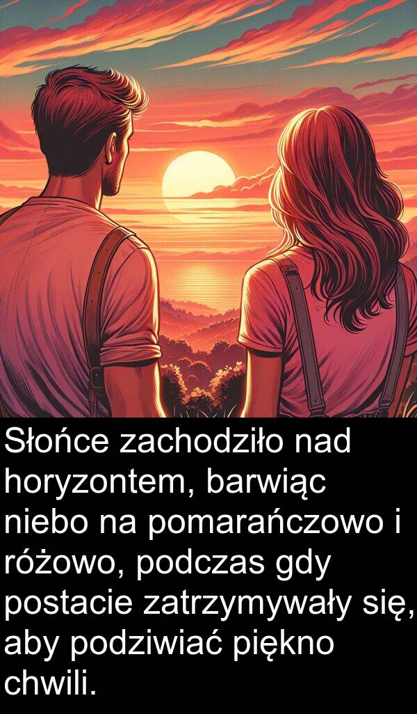 zachodziło: Słońce zachodziło nad horyzontem, barwiąc niebo na pomarańczowo i różowo, podczas gdy postacie zatrzymywały się, aby podziwiać piękno chwili.