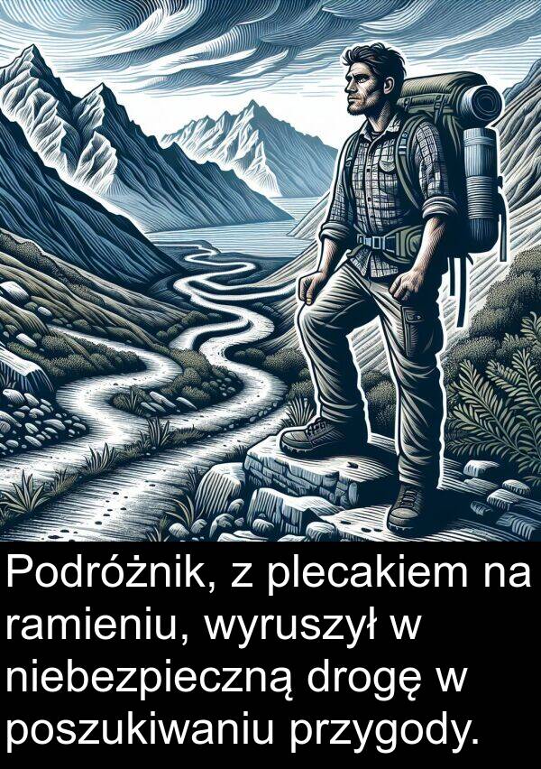 drogę: Podróżnik, z plecakiem na ramieniu, wyruszył w niebezpieczną drogę w poszukiwaniu przygody.