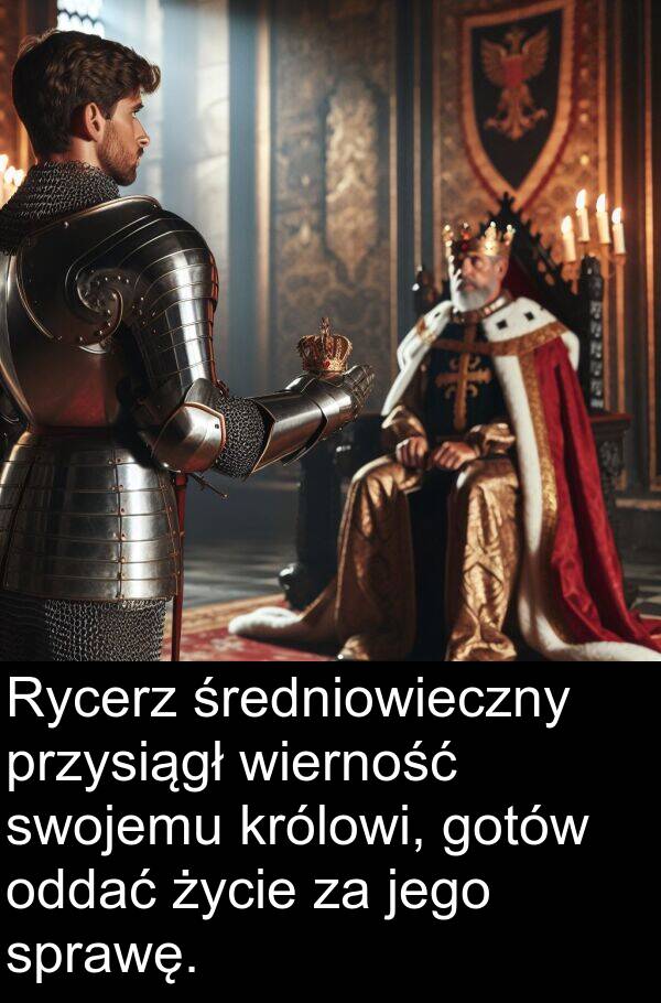 gotów: Rycerz średniowieczny przysiągł wierność swojemu królowi, gotów oddać życie za jego sprawę.