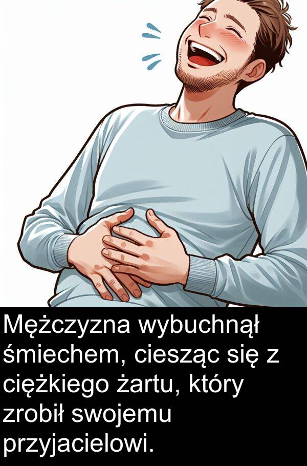 ciężkiego: Mężczyzna wybuchnął śmiechem, ciesząc się z ciężkiego żartu, który zrobił swojemu przyjacielowi.