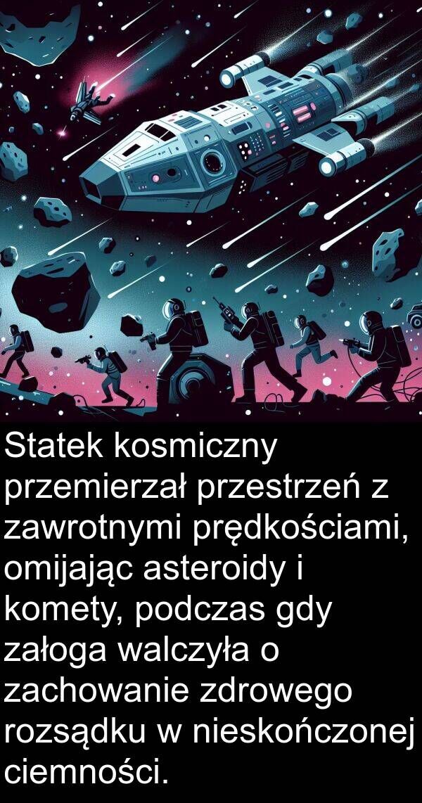 walczyła: Statek kosmiczny przemierzał przestrzeń z zawrotnymi prędkościami, omijając asteroidy i komety, podczas gdy załoga walczyła o zachowanie zdrowego rozsądku w nieskończonej ciemności.