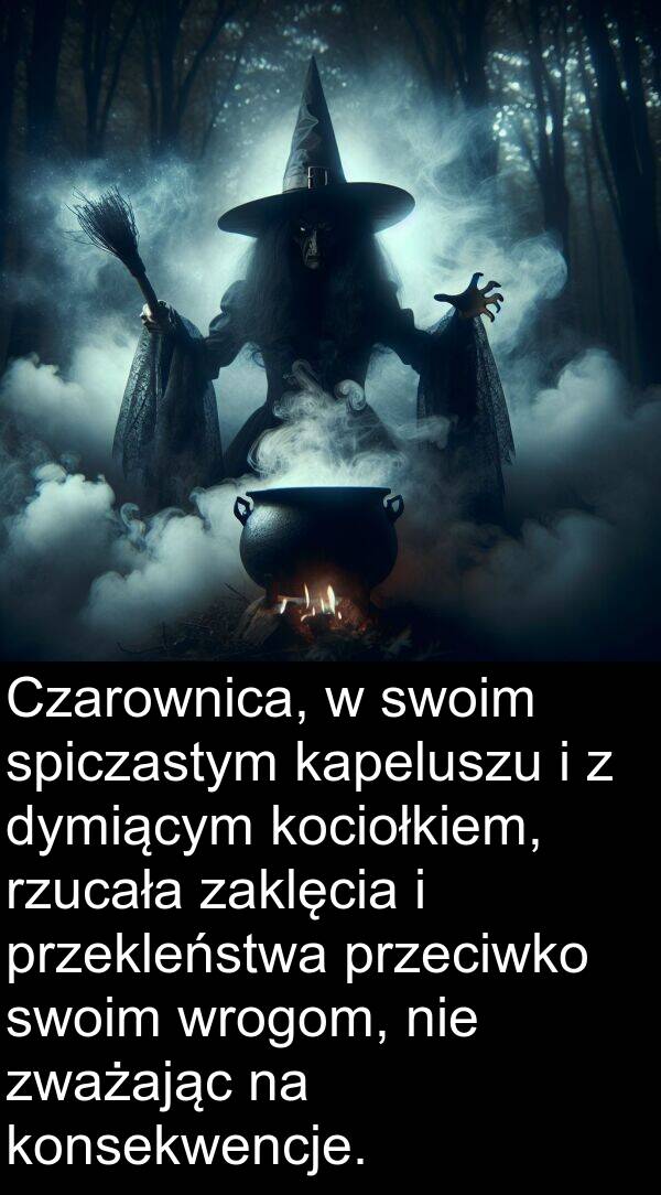 konsekwencje: Czarownica, w swoim spiczastym kapeluszu i z dymiącym kociołkiem, rzucała zaklęcia i przekleństwa przeciwko swoim wrogom, nie zważając na konsekwencje.