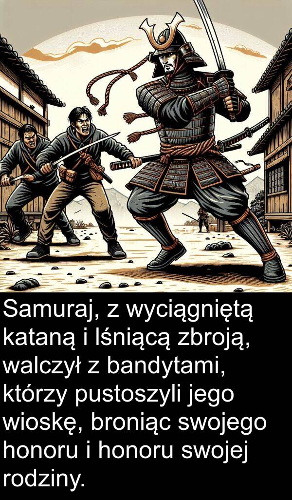 honoru: Samuraj, z wyciągniętą kataną i lśniącą zbroją, walczył z bandytami, którzy pustoszyli jego wioskę, broniąc swojego honoru i honoru swojej rodziny.