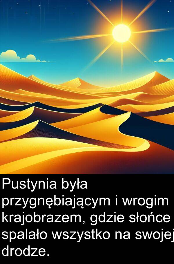 gdzie: Pustynia była przygnębiającym i wrogim krajobrazem, gdzie słońce spalało wszystko na swojej drodze.