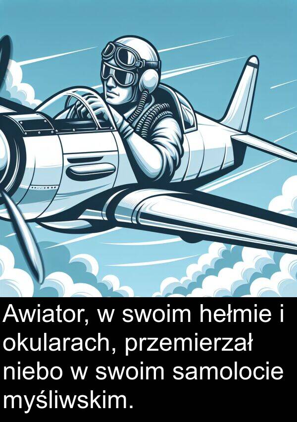 samolocie: Awiator, w swoim hełmie i okularach, przemierzał niebo w swoim samolocie myśliwskim.