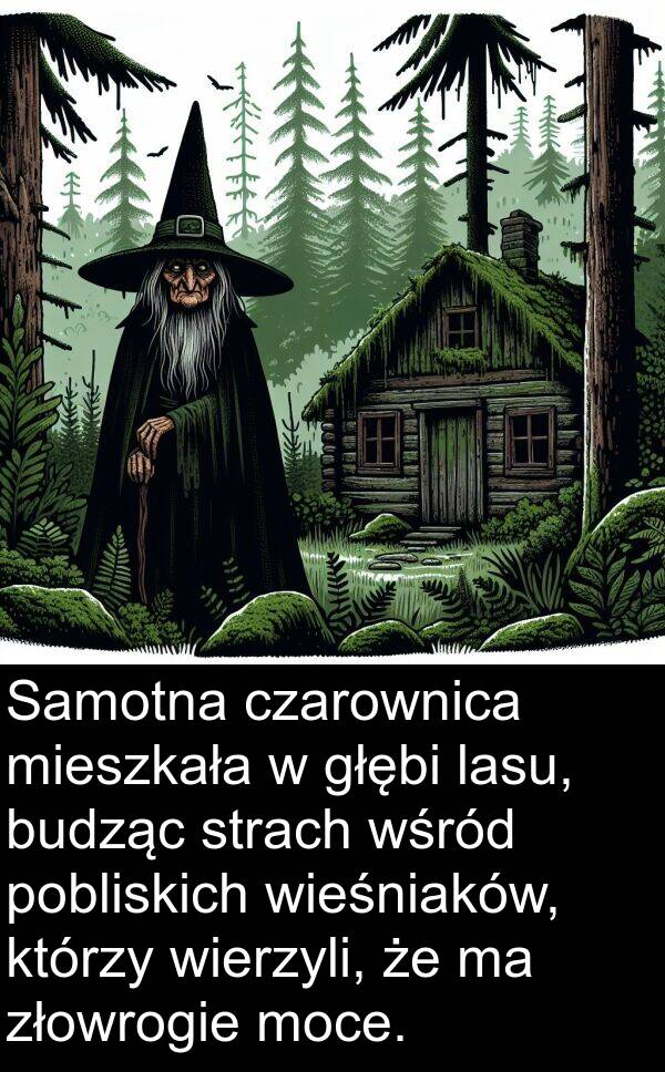 lasu: Samotna czarownica mieszkała w głębi lasu, budząc strach wśród pobliskich wieśniaków, którzy wierzyli, że ma złowrogie moce.
