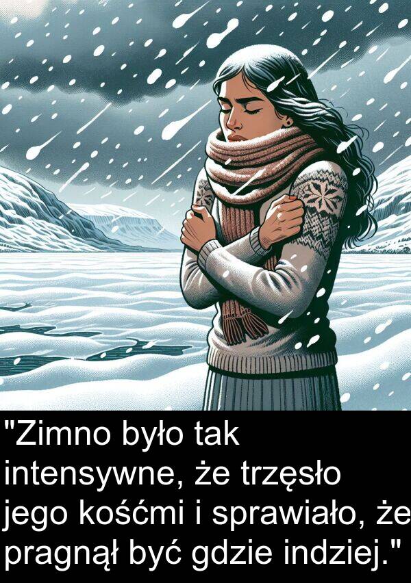 gdzie: "Zimno było tak intensywne, że trzęsło jego kośćmi i sprawiało, że pragnął być gdzie indziej."