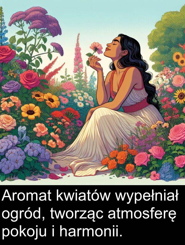 tworząc: Aromat kwiatów wypełniał ogród, tworząc atmosferę pokoju i harmonii.