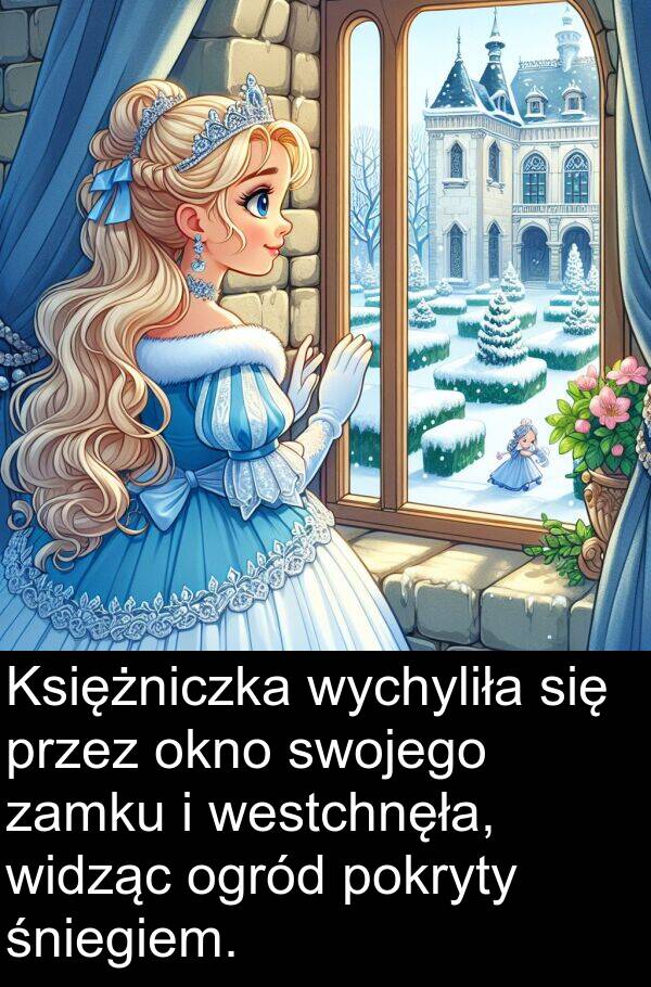 widząc: Księżniczka wychyliła się przez okno swojego zamku i westchnęła, widząc ogród pokryty śniegiem.