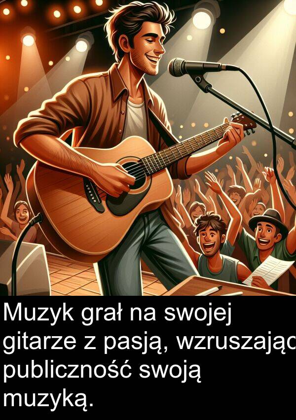 gitarze: Muzyk grał na swojej gitarze z pasją, wzruszając publiczność swoją muzyką.