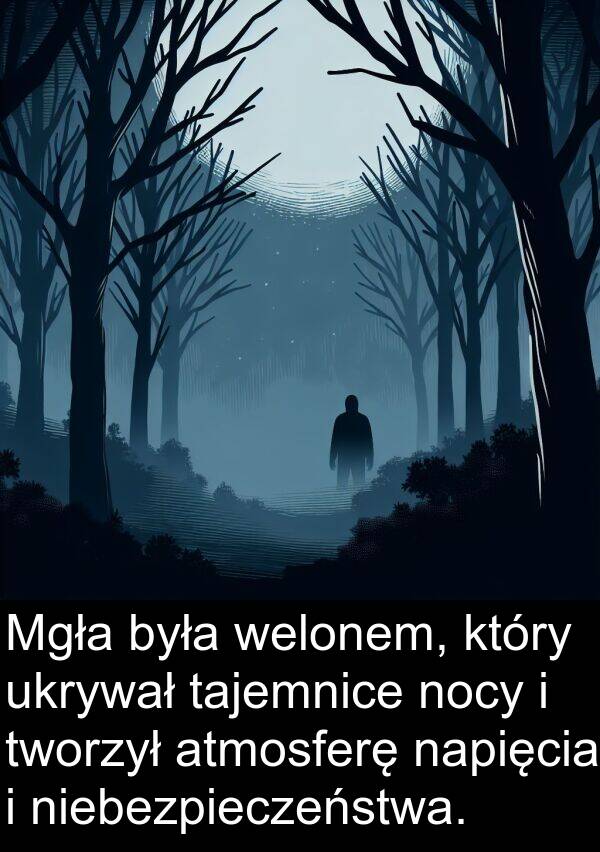 ukrywał: Mgła była welonem, który ukrywał tajemnice nocy i tworzył atmosferę napięcia i niebezpieczeństwa.