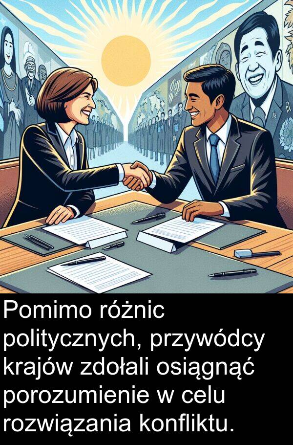 celu: Pomimo różnic politycznych, przywódcy krajów zdołali osiągnąć porozumienie w celu rozwiązania konfliktu.