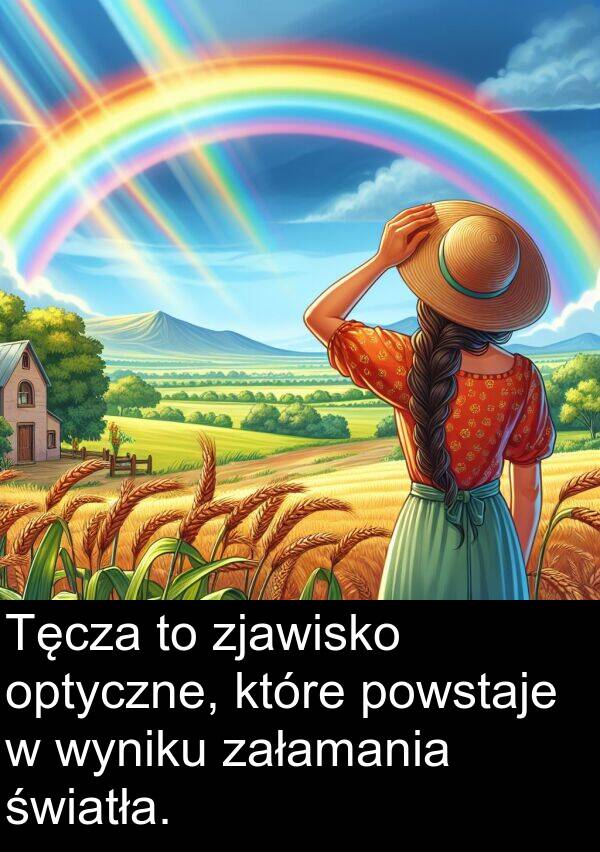 powstaje: Tęcza to zjawisko optyczne, które powstaje w wyniku załamania światła.